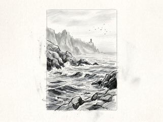 Fototapeta premium Hand drawn pencil sketch of a lighthouse on a rocky cliff overlooking a stormy sea