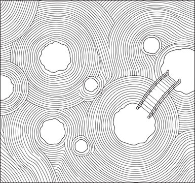 Zen garden top view with raked sand patterns and a small wooden bridge in black and white