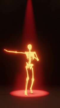Glowing Skeleton Performing Salsa Dance Under Red Spotlight