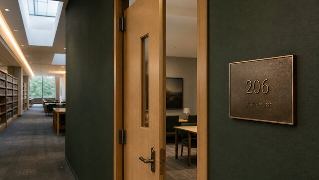 Warmly lit library corridor with an open wooden study room door, green walls, accessible room number plaque, bookshelves, and quiet workspace interior.