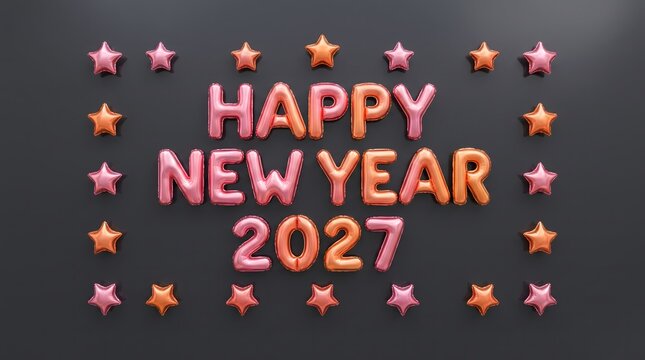 Happy new year 2027 greeting card with 3d metallic balloon letters and stars on a dark grey background