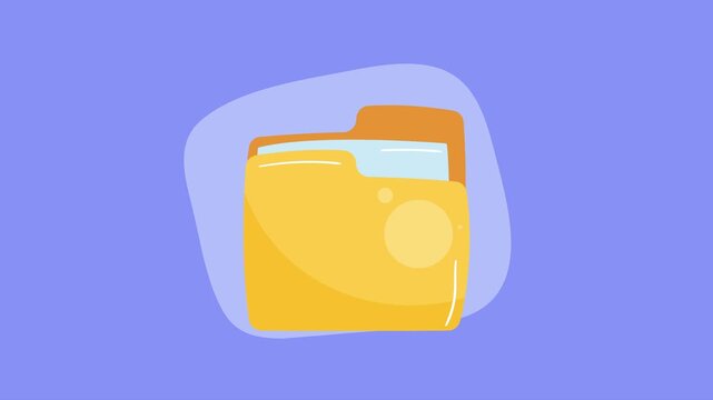 Dynamic animated yellow folder icon with paper documents appearing on blue background.