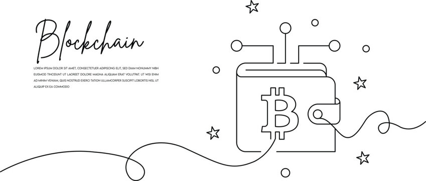 Continuous line drawing of crypto digital wallet with decentralized node connection vector illustration concept of blockchain technology and secure electronic payment