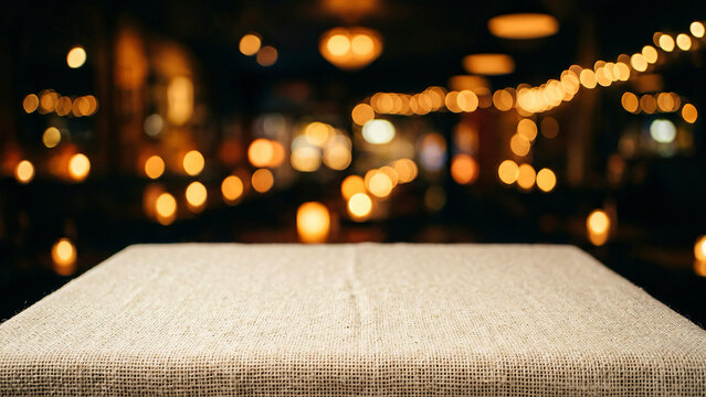Warm Teak Wood Outdoor Table on Chic Rooftop Lounge with Ambient Warm Uplighting Luxury City Bokeh B