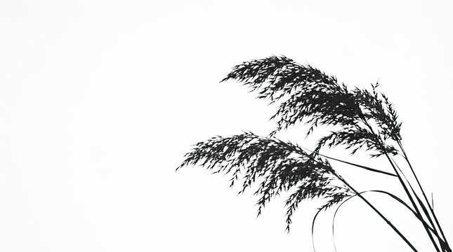 Minimalist silhouette of swaying reed grass against a bright white background
