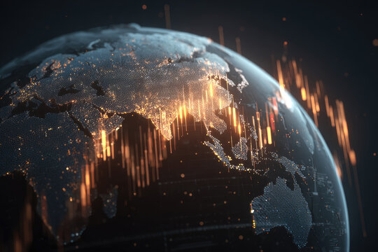 Hi-tech hologram of planet Earth with glowing chart of investment financial data. Graph stock market with rising candlesticks. Infographic elements and realistic transparent world map 