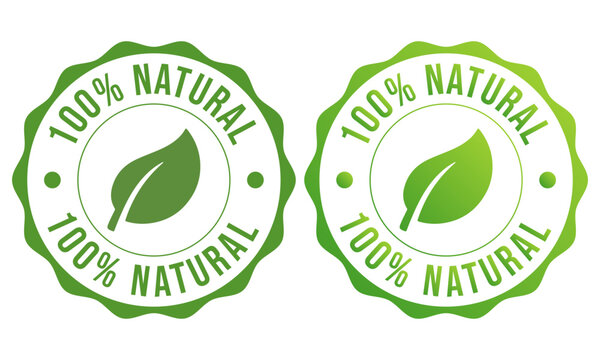 Natural product badge set. Green leaf seal with one hundred percent text. Quality guarantee stamps