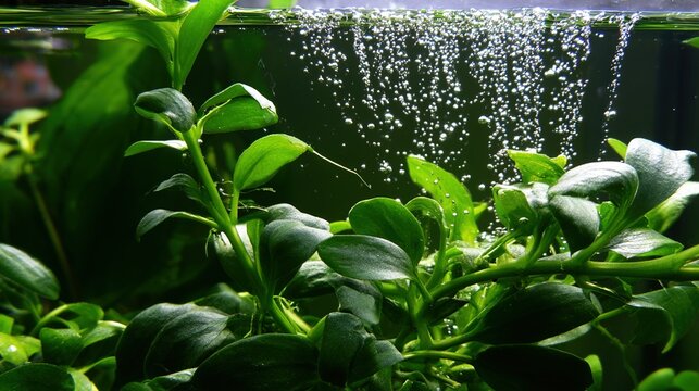 algae. Aquatic plants in a clear aquarium releasing streams of oxygen bubbles rising to the surface. gardening catalogs, home-decor guides, designed for gardening and botanical catalogs.