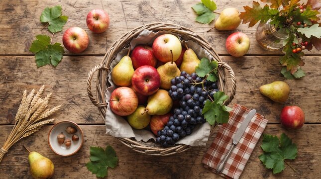 Ripe organic fruits gathered in rustic wicker basket sitting on weathered brown wooden farmhouse kitchen table