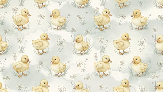 Charming watercolor duckling pattern, adorable baby duck seamless background, cute yellow ducklings in a field of dandelions, sweet spring animal illustration for children's designs and textiles