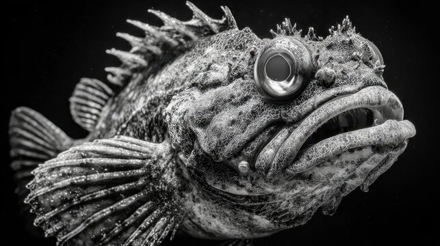 Gritty, textured fish with spiky fins and a predatory gaze in stark monochrome detail