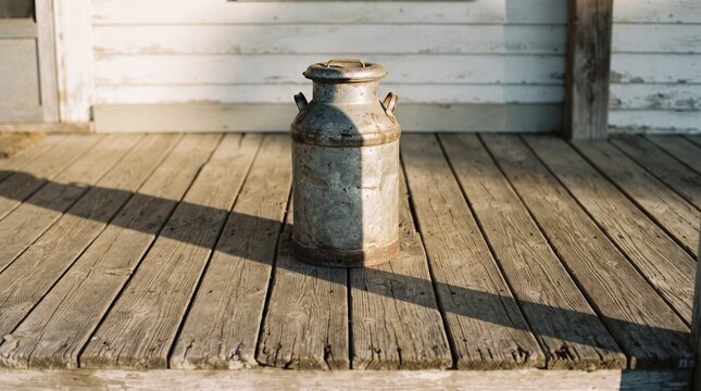Weathered metal milk churn sits prominently upon an old rustic wooden porch during golden hour sunlight