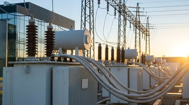 Electrical power substation with transformers and high voltage lines at sunset, industrial energy infrastructure and power distribution grid system.