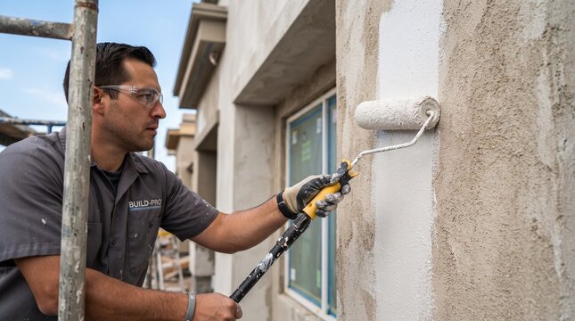 Focused professional painter applying white primer paint to a textured exterior concrete wall using long rollers