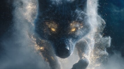 Obraz premium Majestic Azure Spirit Wolf With Glowing Eyes Emerging From Shimmering Light