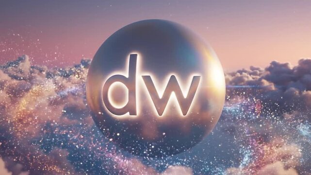 Glowing 'dw' logo within sphere above clouds during sunset