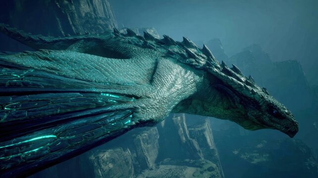 Majestic deep sea dragon with glowing teal fins, a mythical guardian of the ocean depths