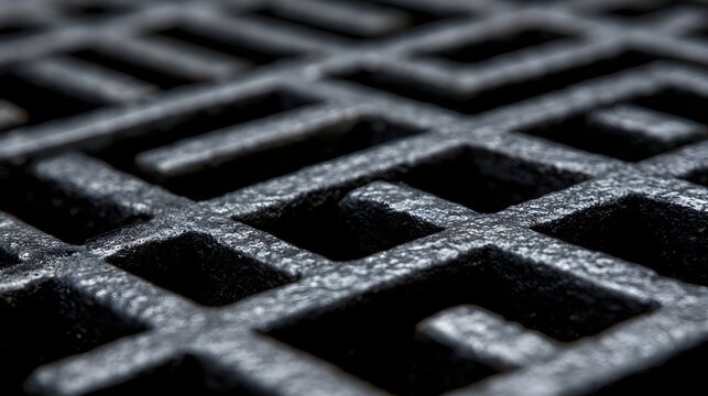 Close up of a dark metal grate with repeating square openings and textured surface under focused lighting