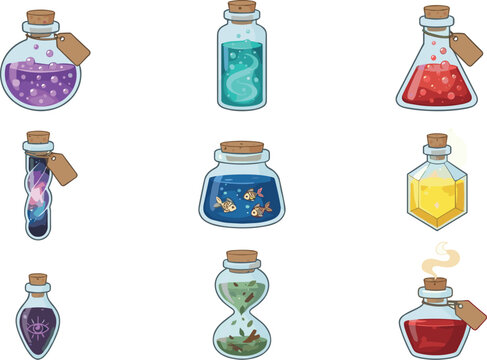 Magic Potion Glass Bottles Set Fantasy Elixir Flasks Cork Stopper Paper Tag Goldfish Galaxy Hourglass Alchemy Clipart Vector Illustration
