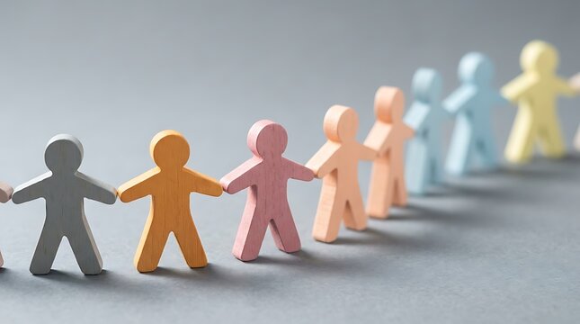 Colorful wooden human figures standing in straight row on grey background demonstrate teamwork partnership community connection equality unity social harmony.