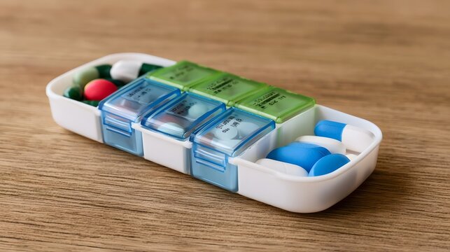 A white pill organizer with blue and green compartments filled with assorted colored pills and capsules on a wooden surface