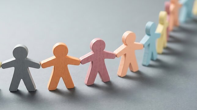 Pastel colored wooden figures linked together in curved line demonstrate teamwork diversity partnership inclusion social community connection mutual support unity.