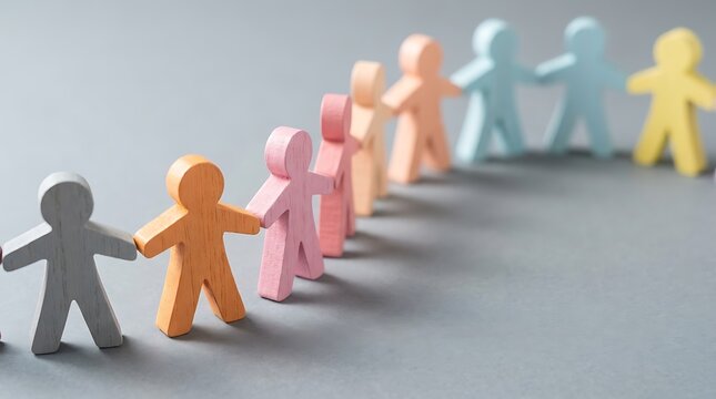 Colorful wooden human figures standing in wide arc arrangement represent team building social diversity partnership business collaboration community connection.