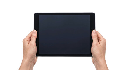 Hands holding a black tablet computer with a blank dark screen © Sapphire