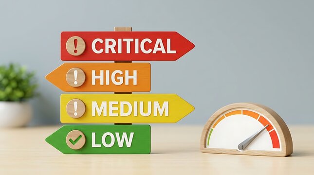 Risk level directional signs showing critical high medium and low indicators beside wooden gauge meter for evaluating performance on bright studio background table.