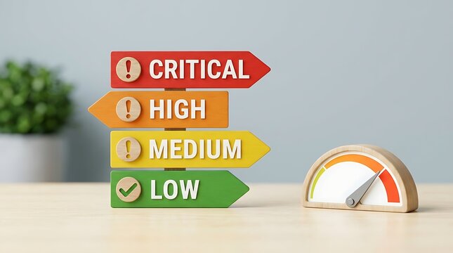 Wooden directional arrow signs with critical high medium and low ratings alongside indicator meter gauge for monitoring operational risk on wooden surface table.