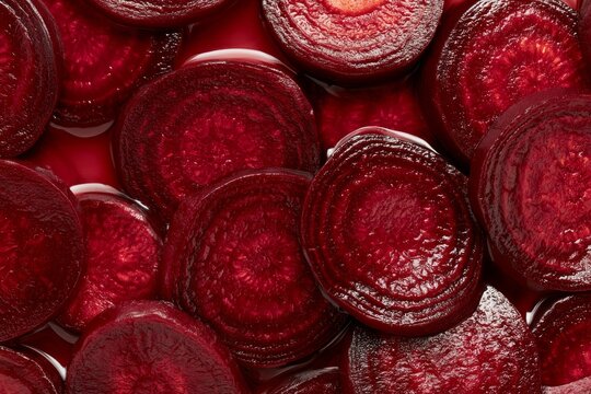 Freshly sliced beetroots arranged in a close-up view with a glossy red surface and a natural shine