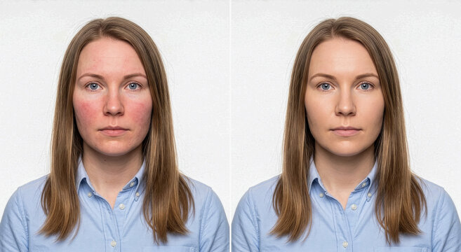 Woman face before and after, rosacea redness to calm even skin