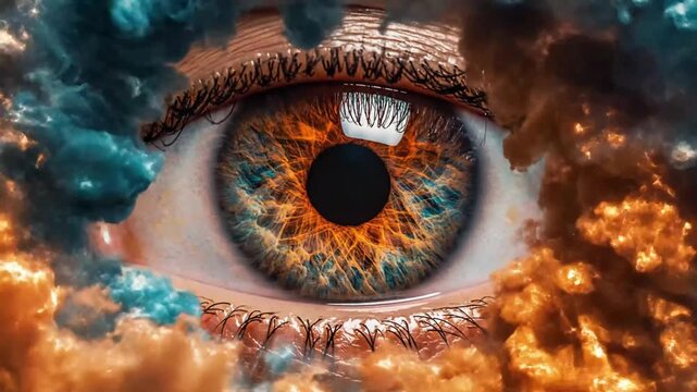 Vibrant human eye with intricate iris patterns surrounded by colorful clouds