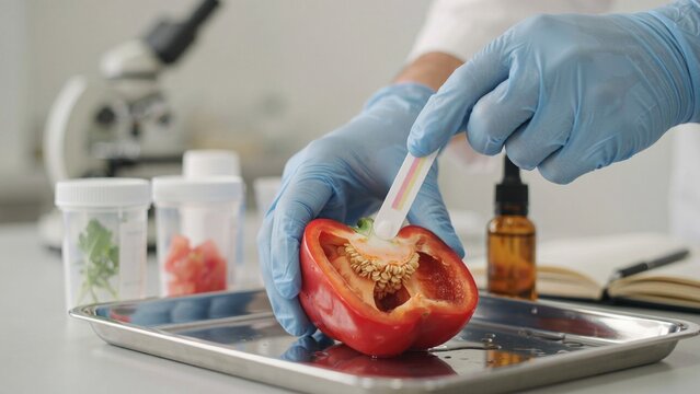 Laboratory technician testing a tomato sample with scientific equipment, representing food safety, quality control, agricultural research and nutrition analysis.