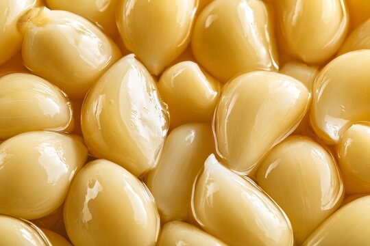 Close view of peeled garlic cloves in a shallow dish with a sauce or liquid