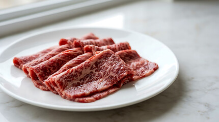 Fototapeta premium Close-up view of fresh raw beef slices on a white ceramic plate.