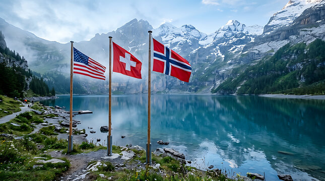 USA, Switzerland and Norway flags waving by a scenic mountain lake landscape