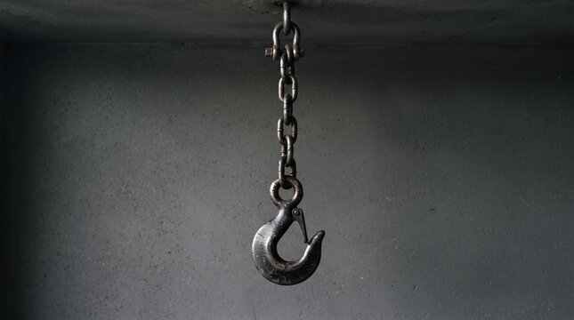 Heavy iron lifting hook hanging from a sturdy metal chain against a dark textured concrete wall
