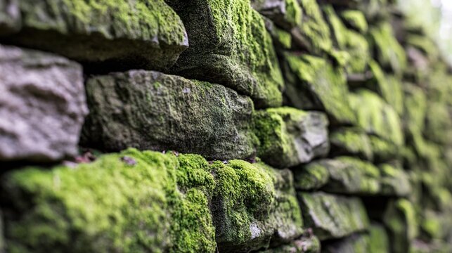 fossilized. Ancient stone wall covered in green moss with fossilized shell impressions. gardening catalogs, home-decor guides, designed for home decor and floral branding, celebrates nature.
