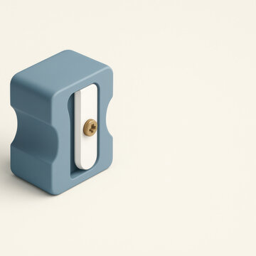 3D Blue pencil sharpener with white blade and brass screw on light background, minimal design with smooth edges and clean surface, simple stationery tool for sharpening pencils