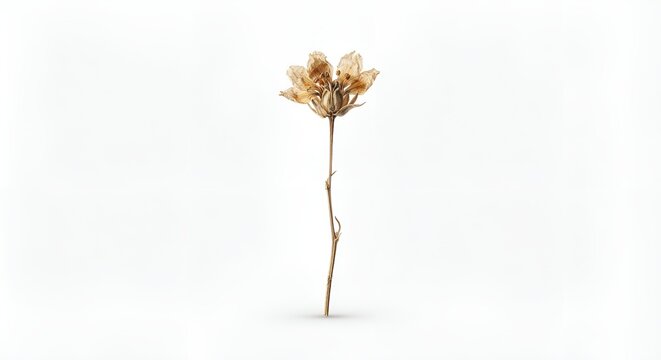 single dried wildflower, delicate dried petals and thin natural stem, muted beige and warm brown tones, subtle imperfections, isolated object, centered composition, clean white background, soft diffus