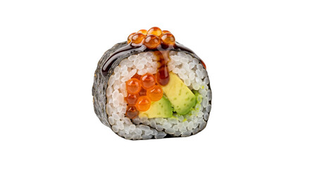 Delicious sushi roll with salmon roe and avocado, drizzled with soy sauce © Sapphire