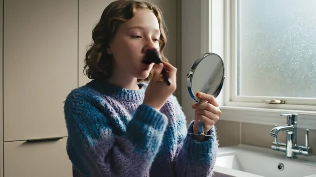 Teenage girl applies makeup with brush using mirror in bathroom. Young woman uses makeup brush near mirror. Girl puts cosmetics on face in bathroom. Teen applies makeup by window using mirror brush.