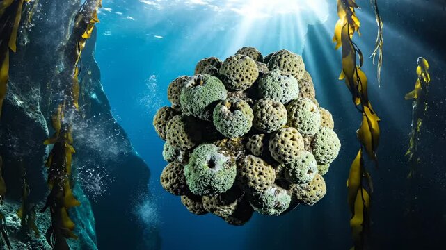 Sea urchin cluster floats underwater with kelp and sunlight rays. Urchin group in ocean with kelp forest. Marine life shows urchin cluster underwater. Sunlight penetrates ocean with sea urchin.