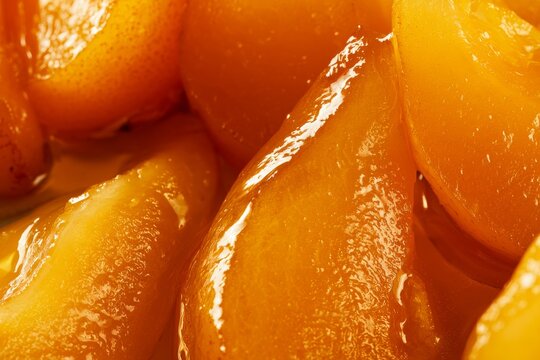 Slices of ripe peaches in a syrup are arranged close together on a plate