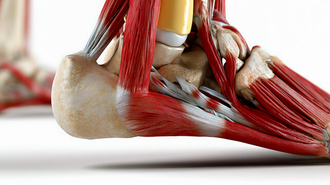 Detailed 3D rendering of the calcaneus and Achilles tendon anatomy