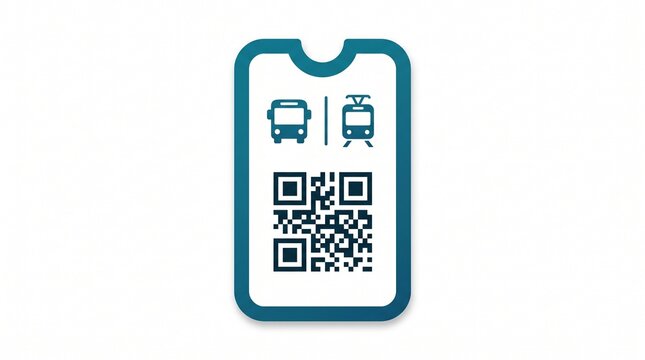 Vertical transportation ticket icon with bus and train pictograms, QR code electronic access pass for public transit, teal and white metro identity symbol, journey permit