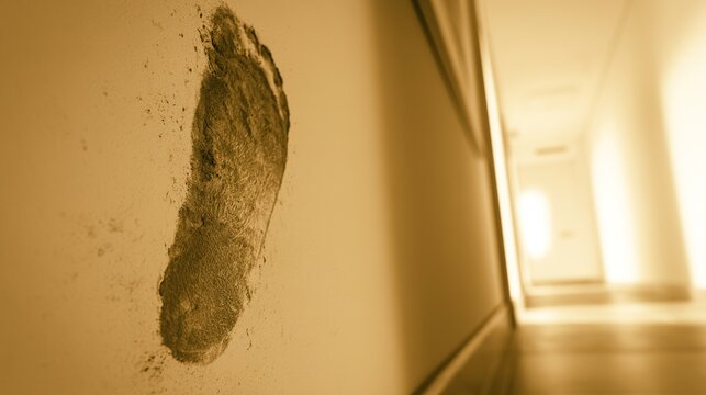 suspenseful. A clear muddy footprint on a clean, empty hallway wall with dramatic light. lifestyle magazines, social media lookbooks, designed for lifestyle magazines and social media content.