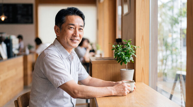 木の温もりあるカフェの窓際で寛ぐ50代の男性 | 自然光