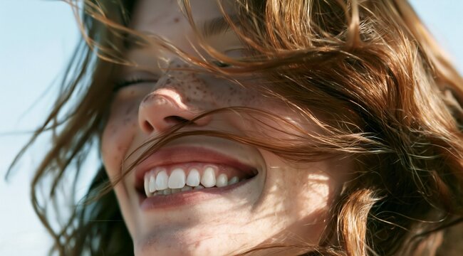 Radiant young woman with long wavy auburn hair and visible freckles enjoying the wind and a bright sunny day while laughing genuinely with her eyes closed in this beautiful close up face portrait